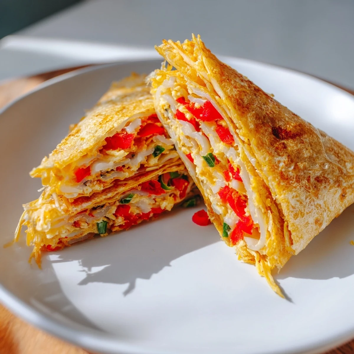 Enjoy a quick, easy breakfast: a warm and delicious Rice Paper Egg Cheese Wrap with flaky edges.