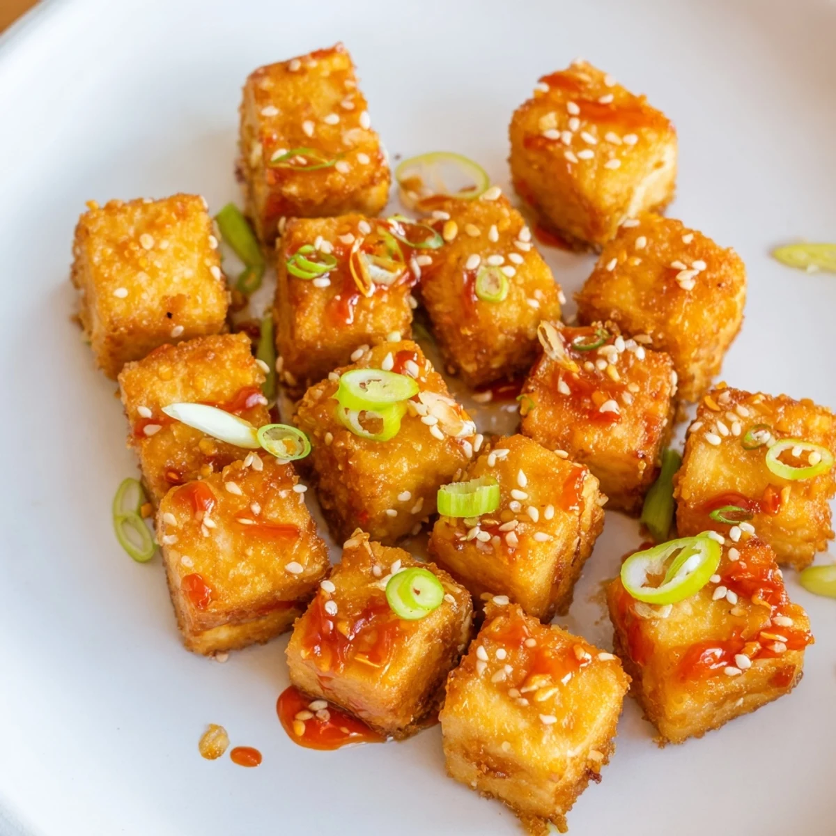Golden and crispy honey sriracha tofu nuggets, glazed and ready for a savory bite.