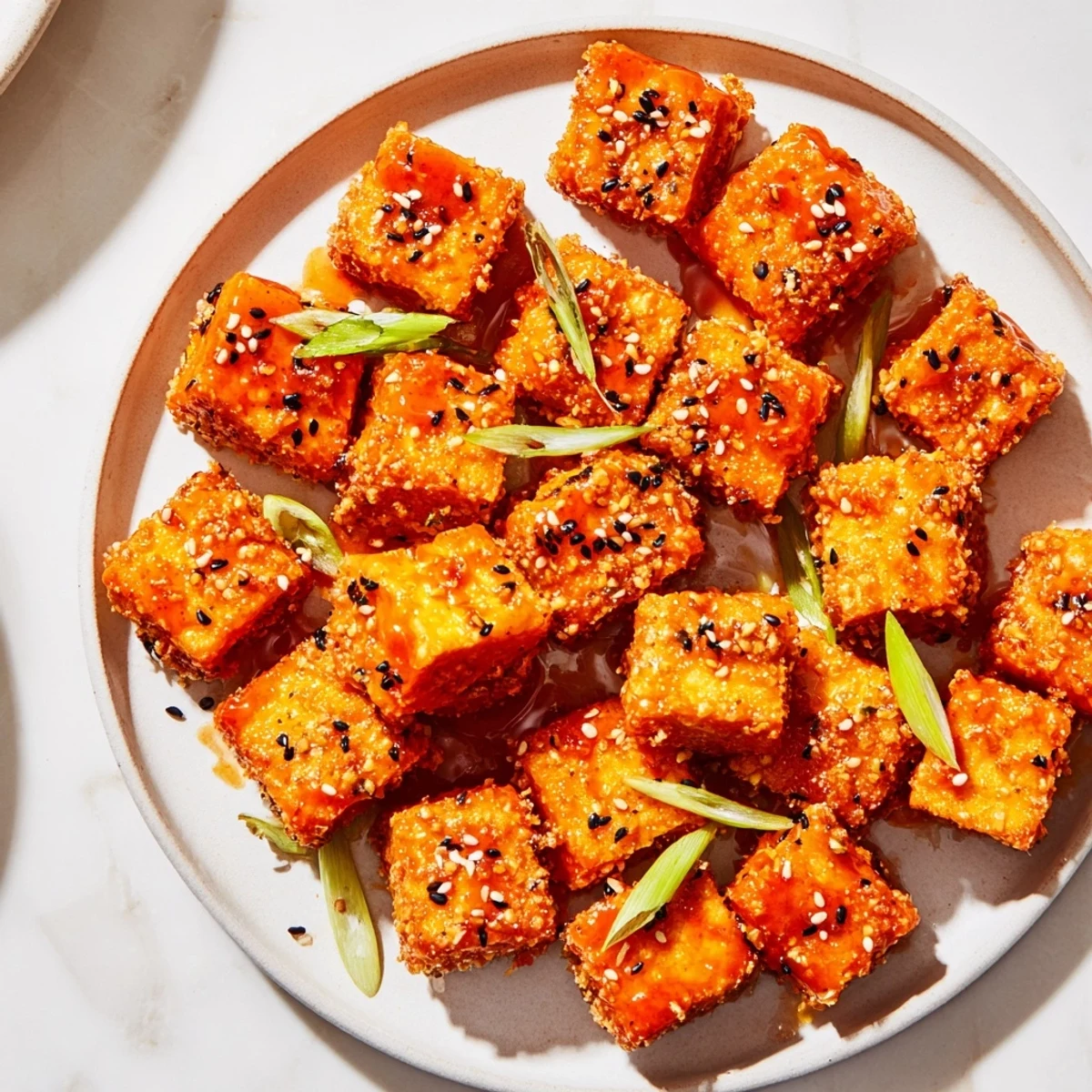 Sweet and spicy honey sriracha tofu nuggets, perfect appetizer, served with a delicious glaze.