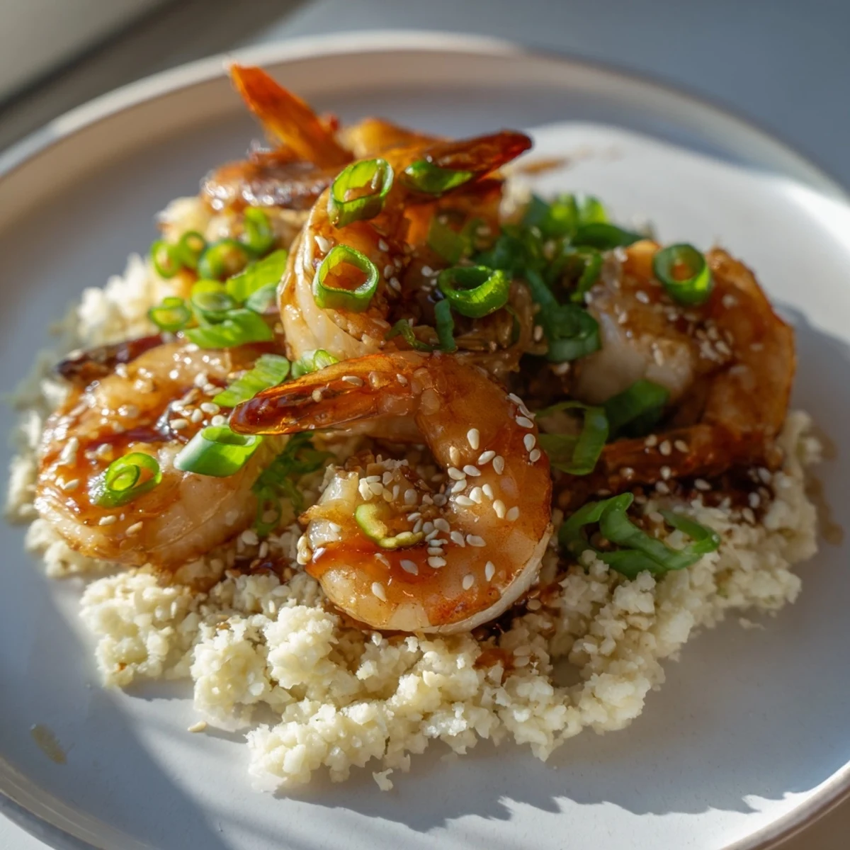 Steaming Ginger Garlic Shrimp Bowls overflowing with fluffy cauliflower rice, ready to eat.
