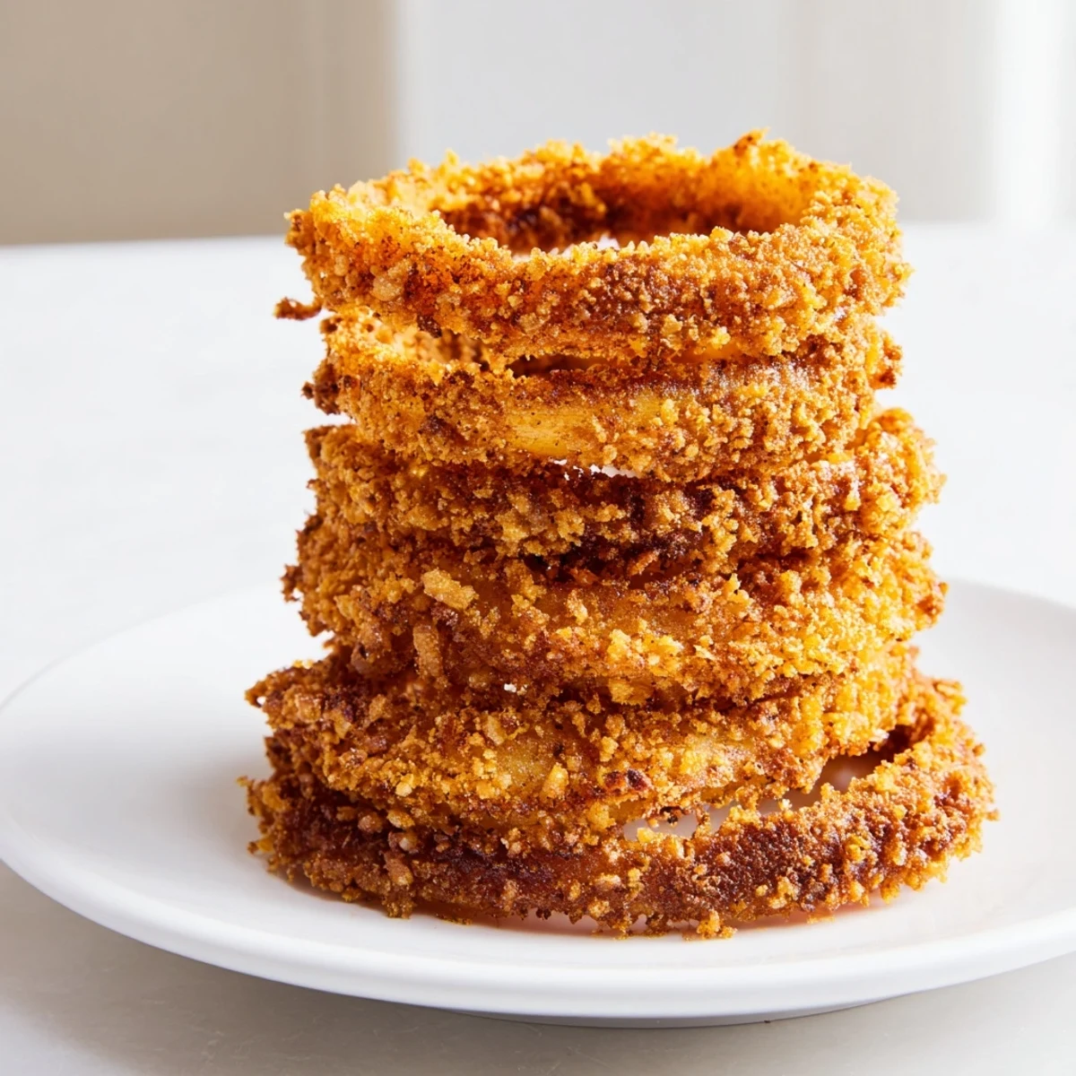 Golden and crispy Crispy Onion Ring Tower, stacked high, ready for dipping sauce.
