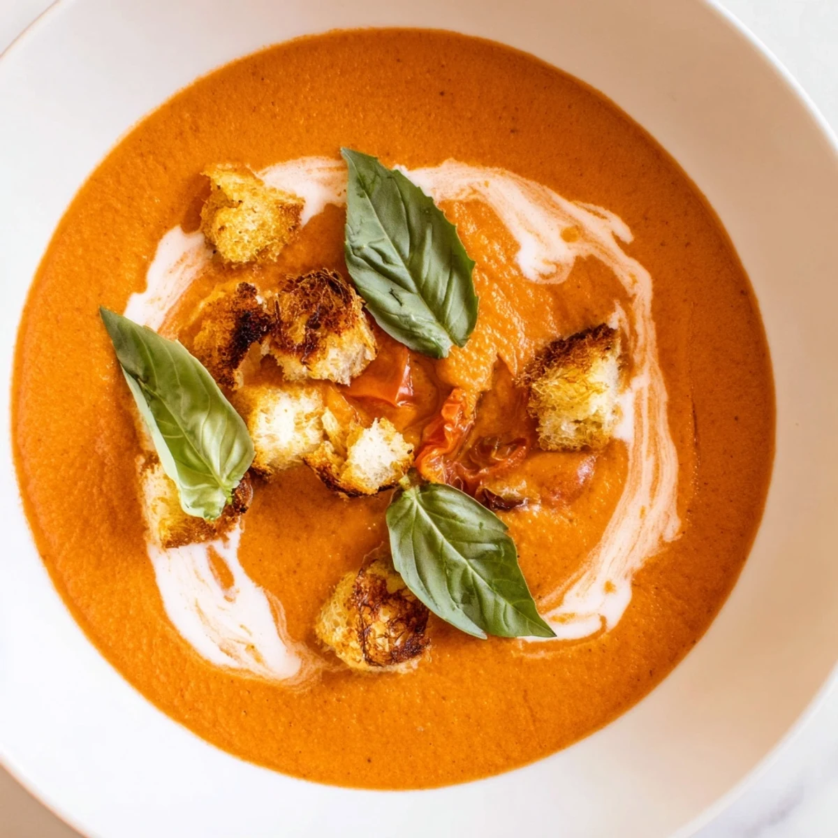 A steaming bowl of Creamy Roasted Garlic Tomato Soup, garnished with vibrant basil and golden croutons.