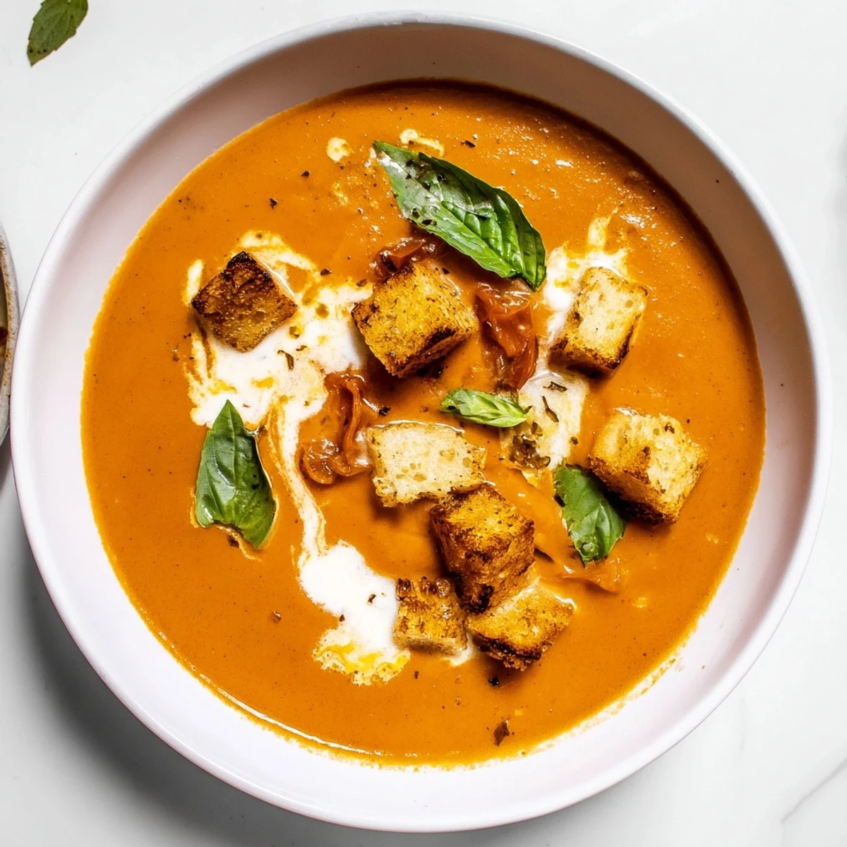 The rich, deep red color of this Creamy Roasted Garlic Tomato Soup hints at its delicious, slow-roasted flavor.