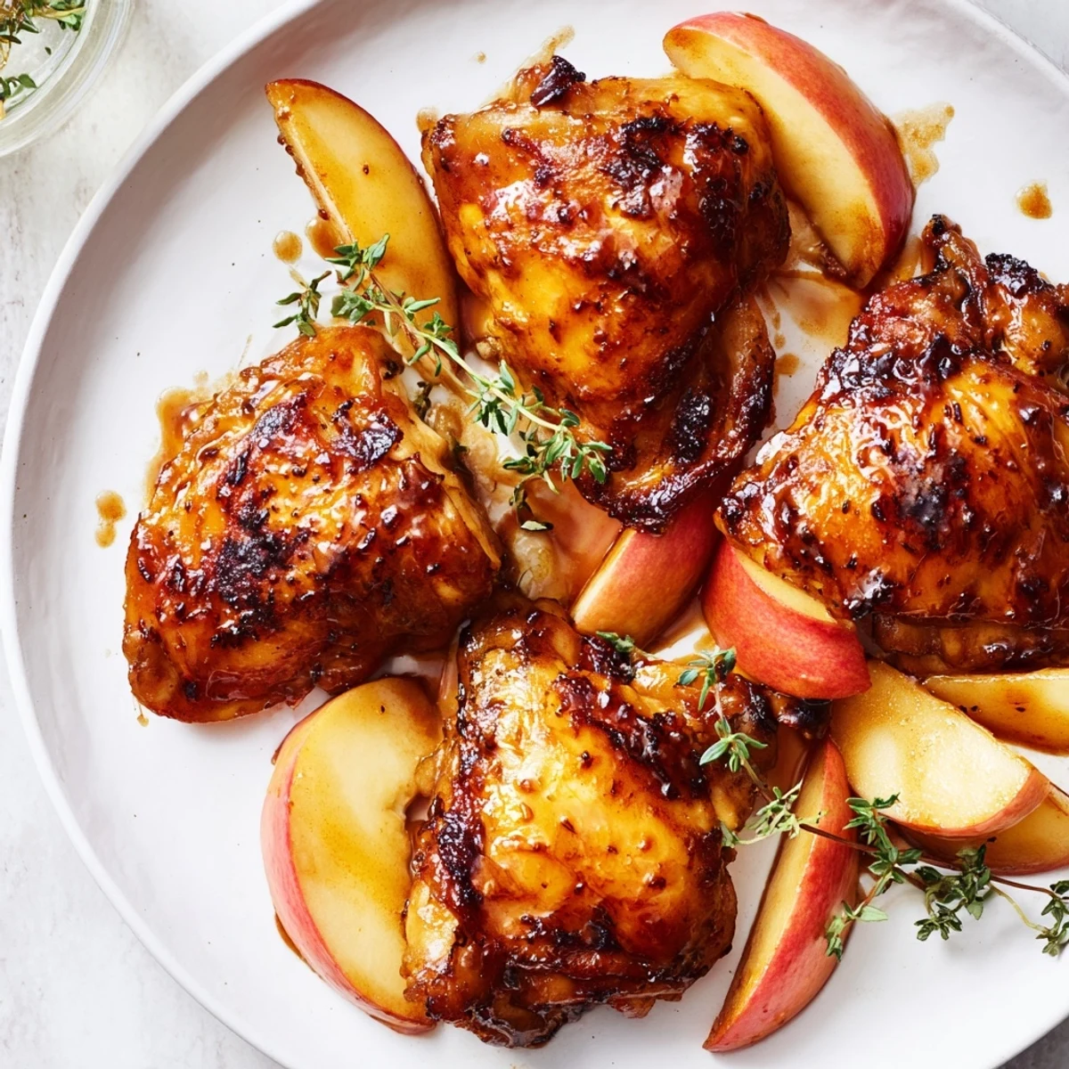 Skin-on chicken thighs baking, coated in a sticky maple-apple glaze; this is Sticky Maple Apple Chicken.