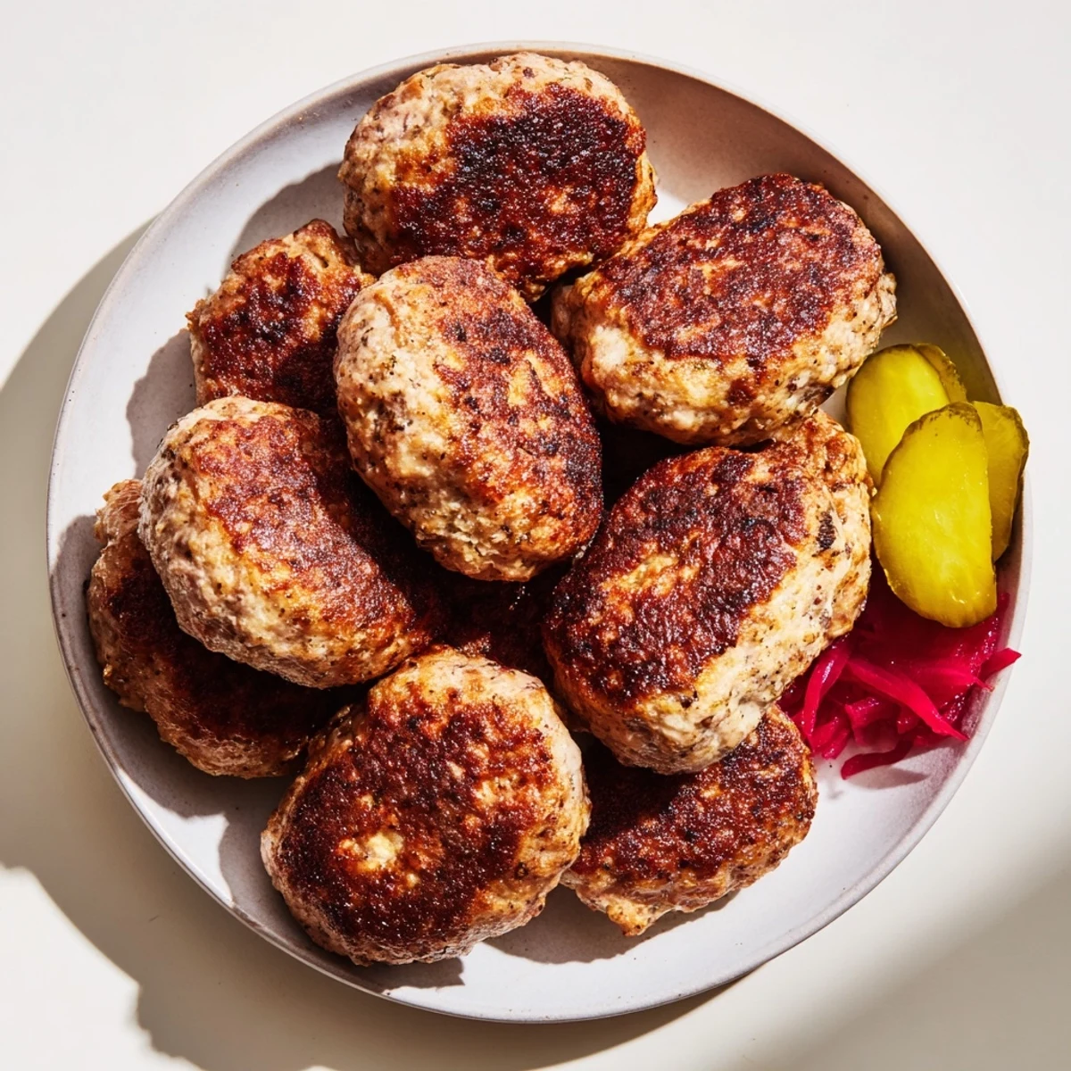 Golden-brown Danish frikadeller meatballs, pan-fried to perfection, ready to be served with pickles.
