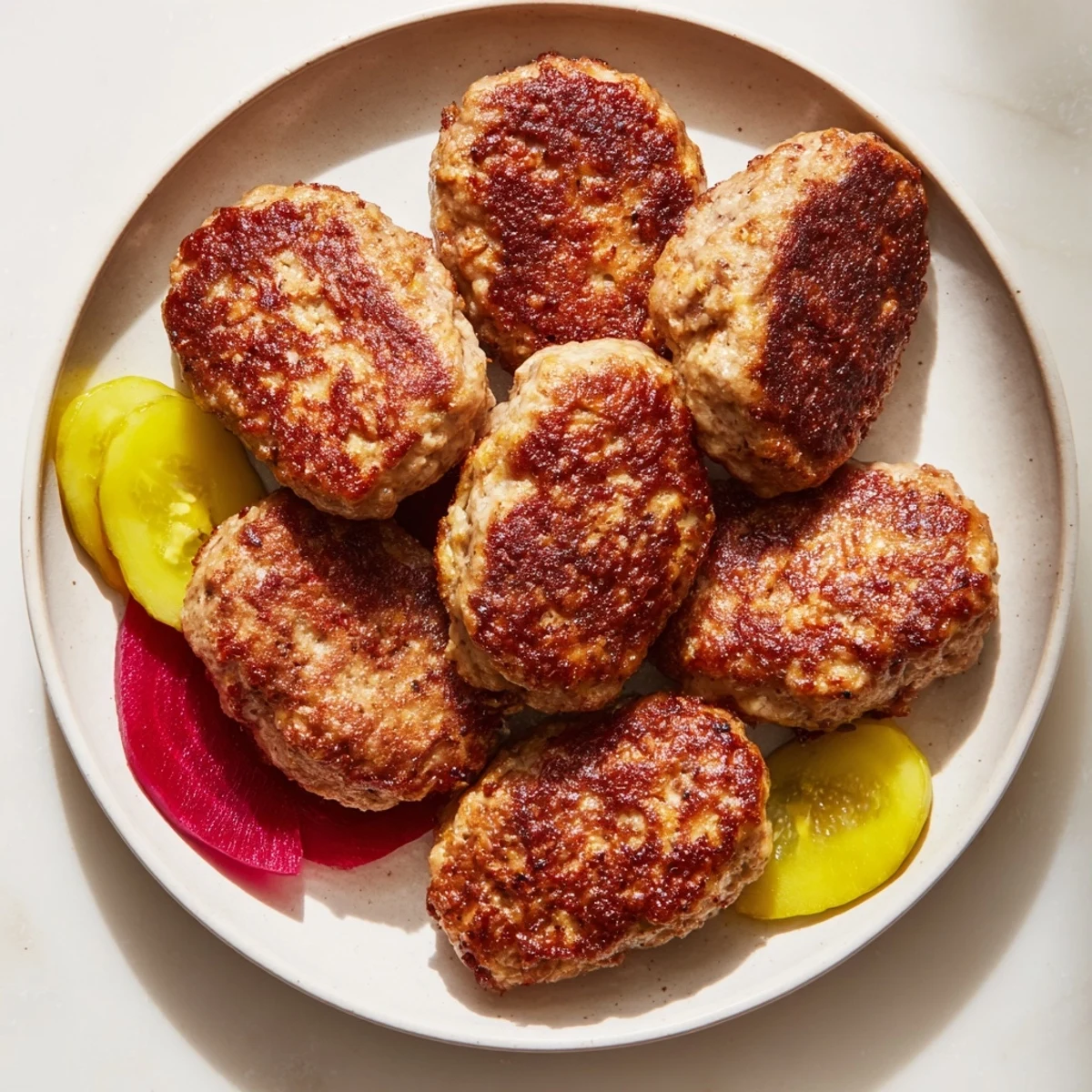 Juicy, savory Danish frikadeller meatballs nestled next to tangy pickles, a classic Danish dinner.