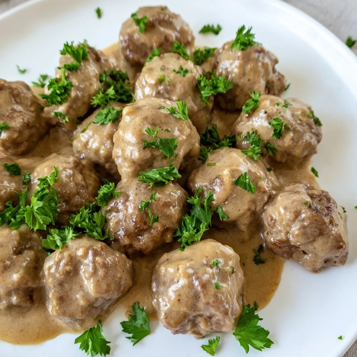 Golden brown Swedish Meatballs swimming in a rich, creamy sauce, ready to serve with mashed potatoes.