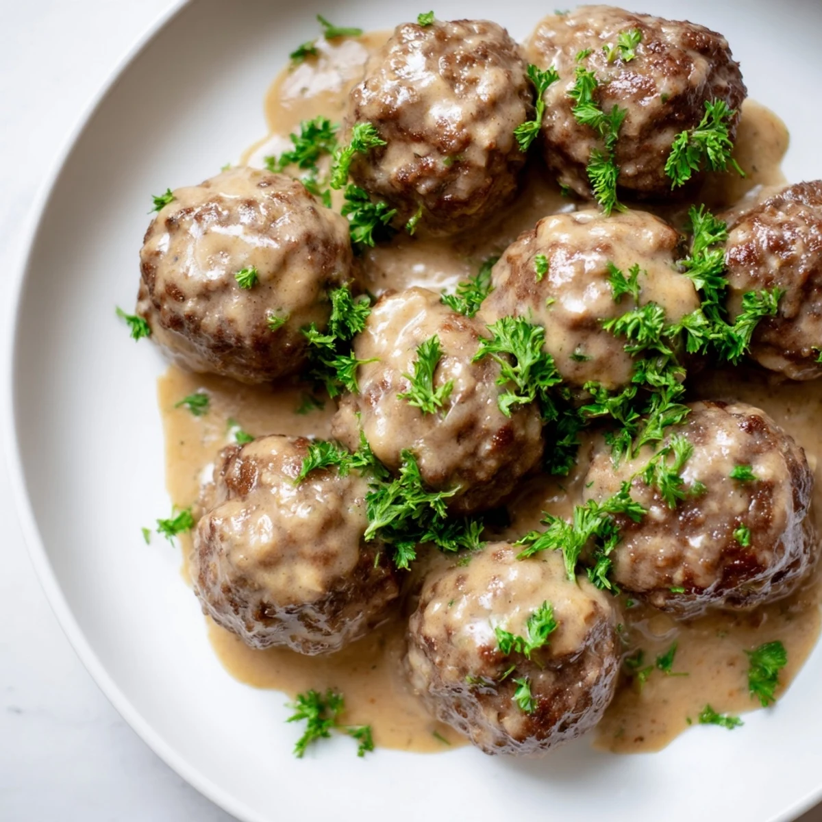 A close-up of tender Swedish Meatballs, showcasing their savory texture alongside a thick, flavorful gravy.