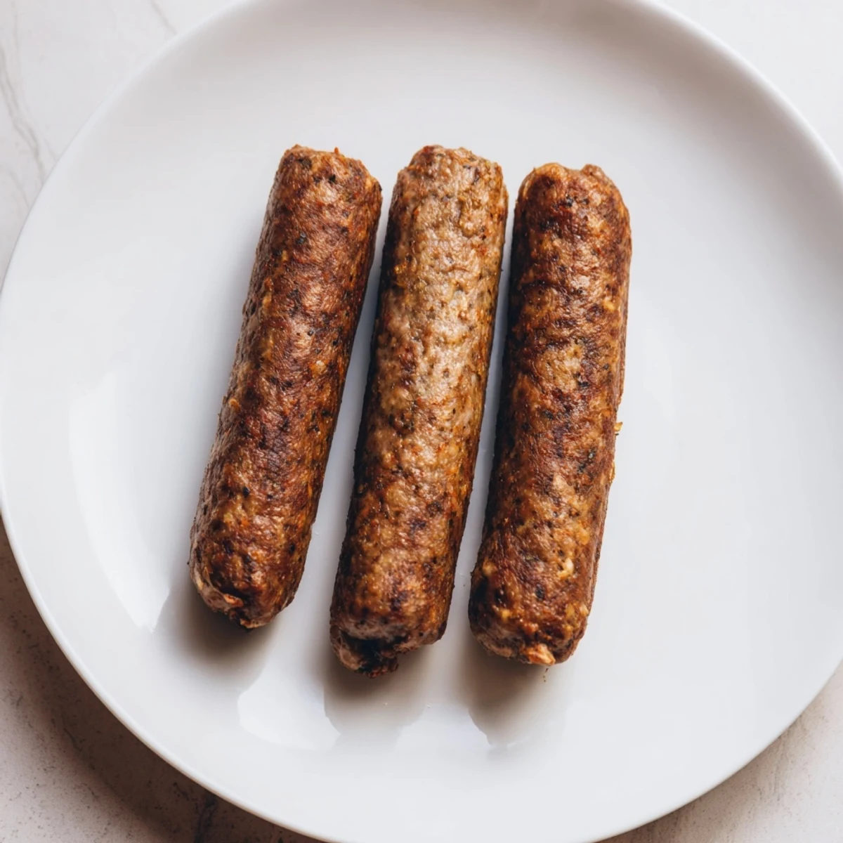 Close-up of freshly grilled Romanian mici, served hot with crusty bread and tangy mustard.