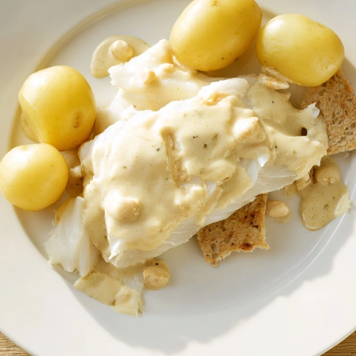 A plate of Norwegian Lutefisk, the mild fish glistening, complemented by mustard sauce and crispbread for texture.