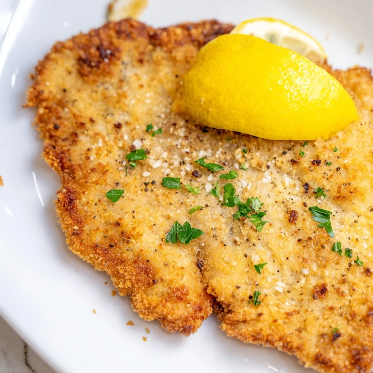 Golden, crispy German Schnitzel cutlets, ready to eat with a squeeze of fresh lemon and parsley.