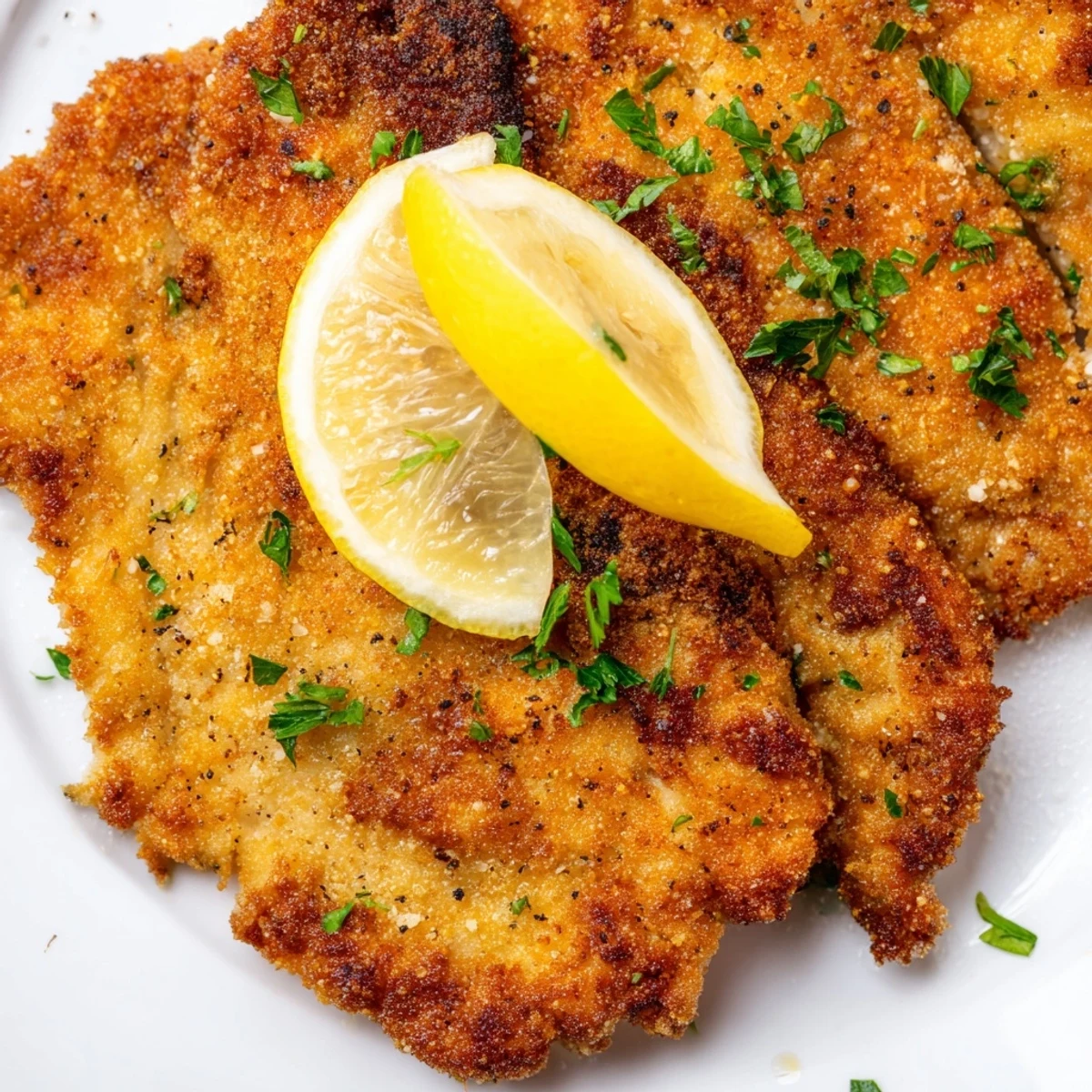 Perfectly cooked German Schnitzel cutlets, breaded and fried until golden brown, served with lemon wedges.
