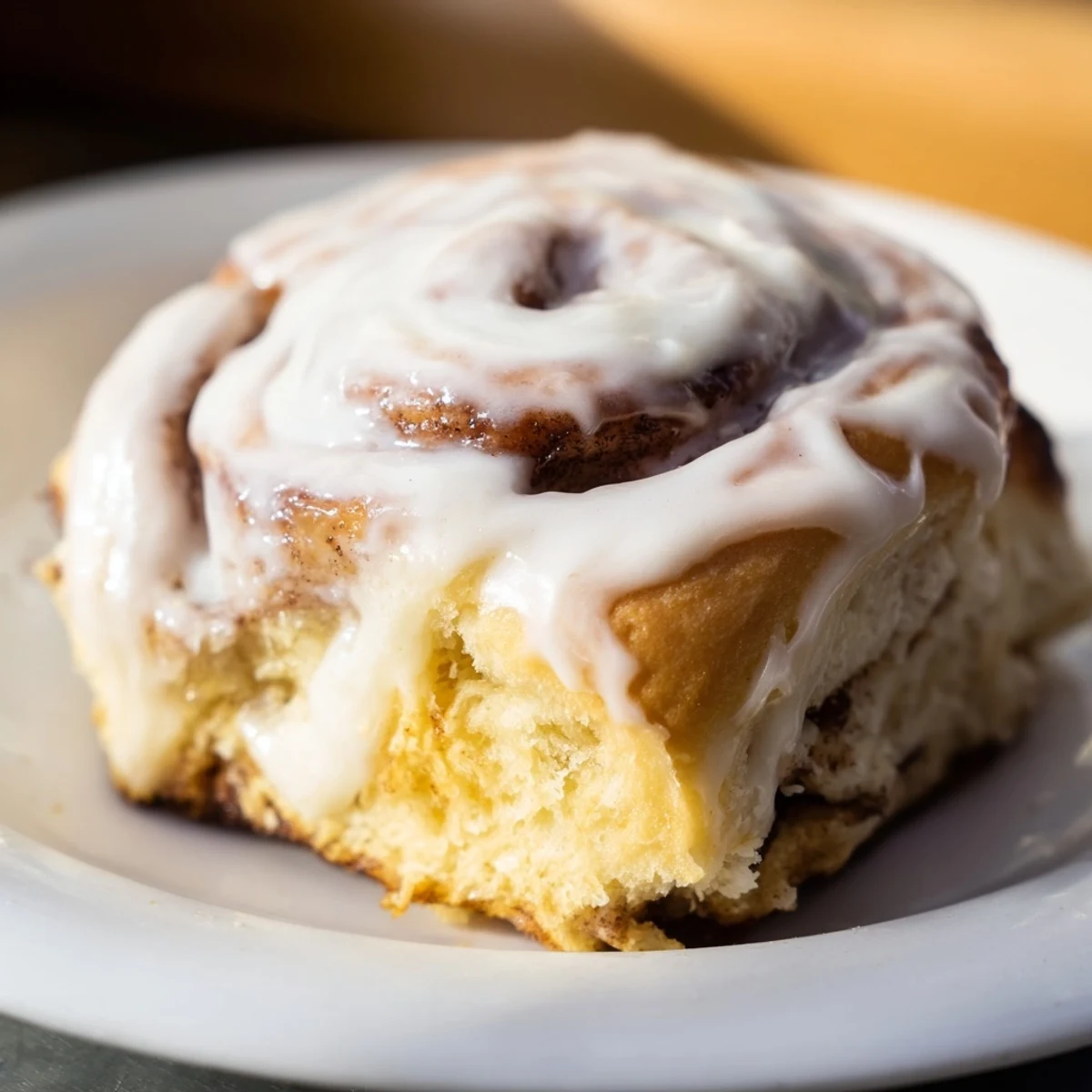 Freshly baked Pillow Soft Cinnamon Rolls, golden brown and dripping with cream cheese glaze, ready to serve warm for breakfast.