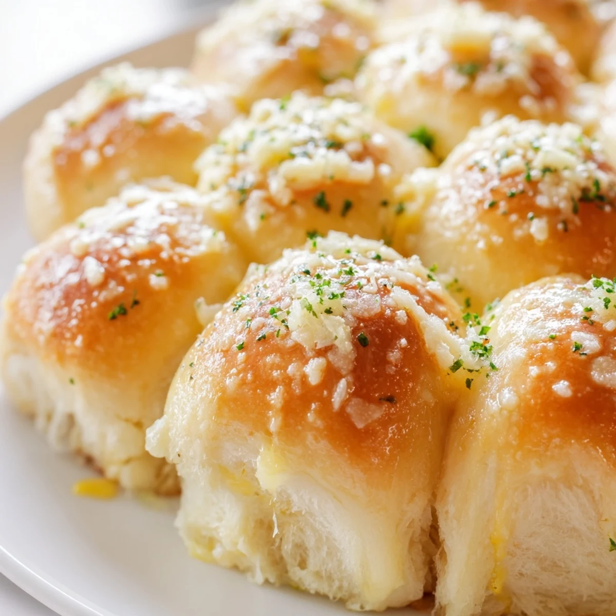 Warm, pull-apart Garlic Butter Bread with fluffy golden tops, a savory garlic butter glaze, and optional Parmesan cheese.
