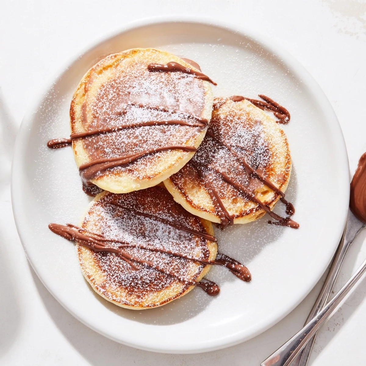 Stack of fluffy pancakes with gooey Nutella melting out between layers, perfect for a decadent breakfast or brunch.  