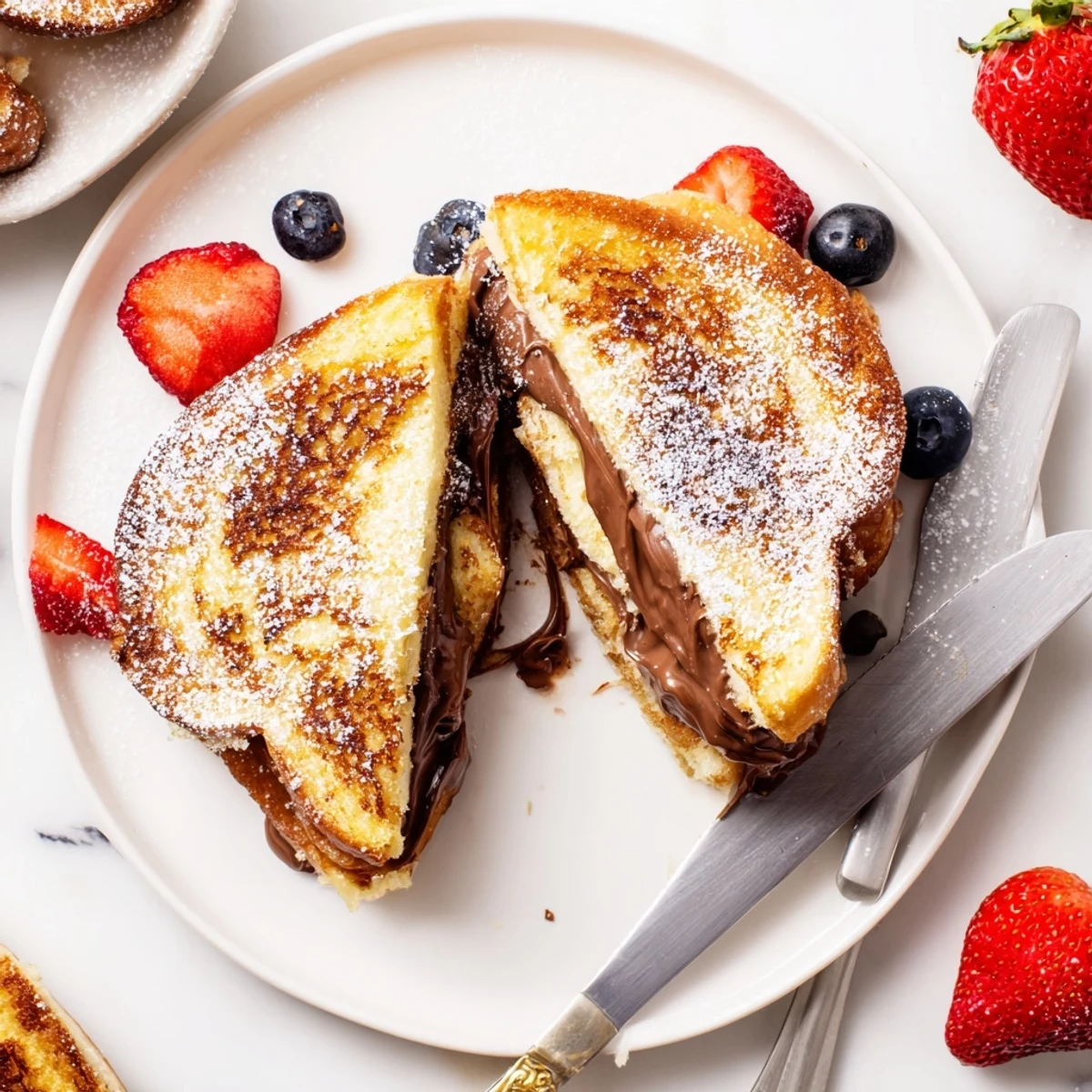Thick slices of Nutella Brioche French Toast soaking in creamy egg custard before pan-frying.
