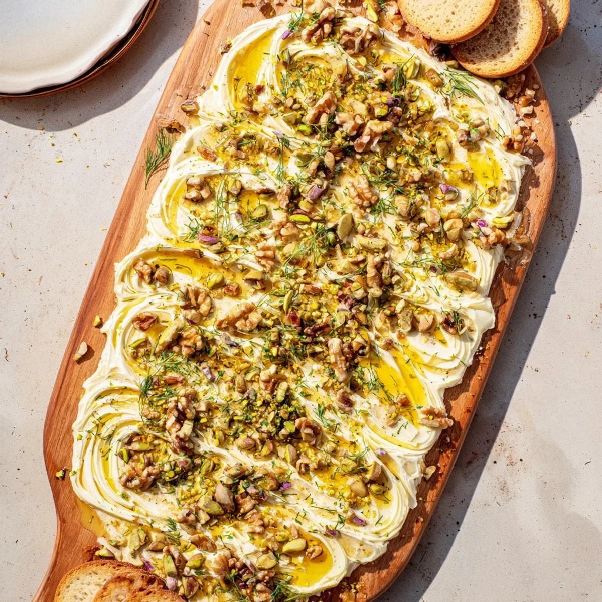 A close-up of a Flavored Butter Board Charcuterie topped with pistachios, parsley, and a generous honey drizzle beside crisp crackers.  