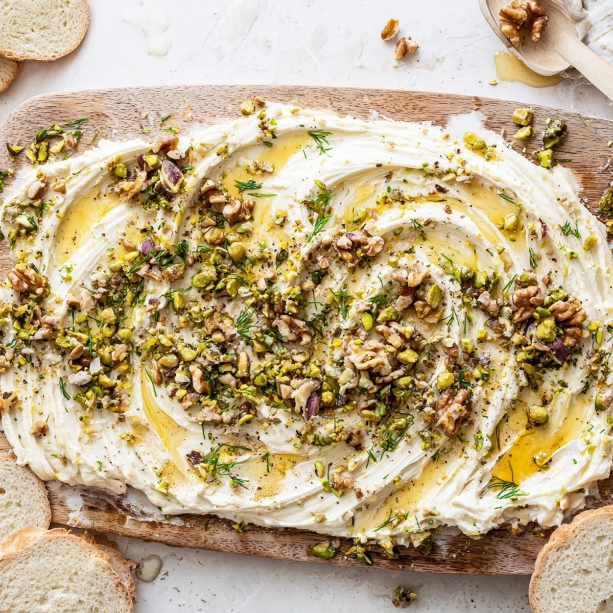 An inviting Flavored Butter Board Charcuterie garnished with walnuts, dill, and sea salt, paired with prosciutto and cheese for guests.
