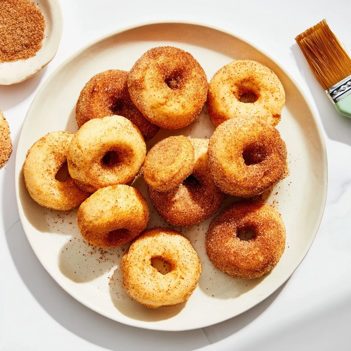 Freshly air-fried Air Fryer Cinnamon Sugar Donuts piled on a plate for a sweet dessert snack.