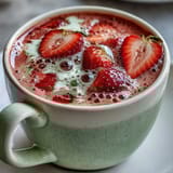 Warm strawberry matcha latte with frothy milk and vibrant green matcha layer, perfect for cozy evenings and relaxing moments.