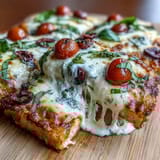 Low carb cottage cheese flatbread pizza with golden crust, melted mozzarella, and fresh basil on a wooden board.