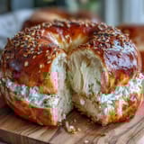 Golden baked Greek yogurt bagels with everything seasoning, featuring a chewy texture and savory topping.  