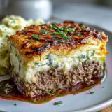 Classic Shepherd's Pie with Cauliflower Mash Topping in a baking dish, golden brown swirls on top, hearty lamb and vegetable filling beneath.