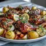 Golden roasted chicken drumsticks and hearty vegetables sizzling on a sheet pan, seasoned with rosemary and thyme for a comforting family dinner.