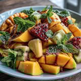 Colorful arrangement of mango and pineapple spears, accented by kiwi, papaya, and berries, perfect for parties or healthy snacking.