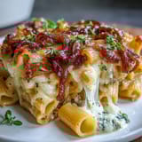Rich French Onion Pasta Bake featuring tender rigatoni, sweet caramelized onions, and creamy Gruyère sauce.  