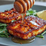 Crispy pan-seared halloumi topped with chili-infused honey, paired with peppery arugula leaves.