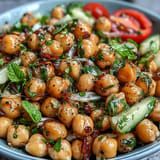 Fresh Mediterranean Chickpea Salad: Colorful veggies, olives, and easy homemade dressing.