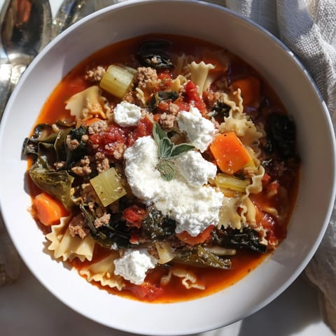 Hearty Healthy Lasagna Soup ladled into bowls, topped with creamy cheese, ready to warm you.