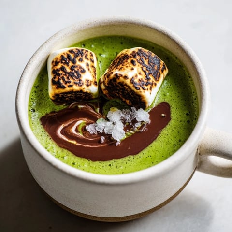 Steaming mug of Toasted Marshmallow Campfire Matcha Hot Cocoa has perfectly browned toasted marshmallows.