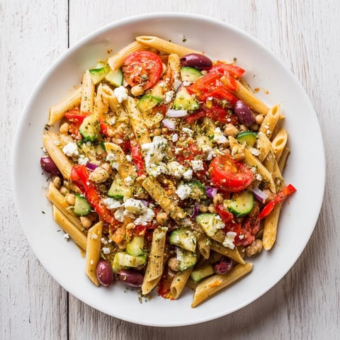 Bright Mediterranean Pasta Salad overflowing with colorful vegetables and creamy feta cheese.