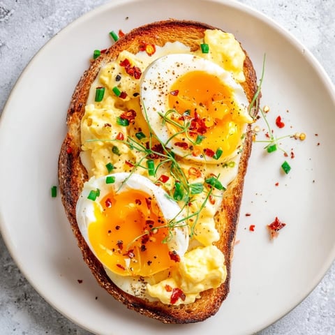 Golden, toasted bread supporting a delicious Egg Flight Toast, showcasing three egg preparations ready to enjoy.