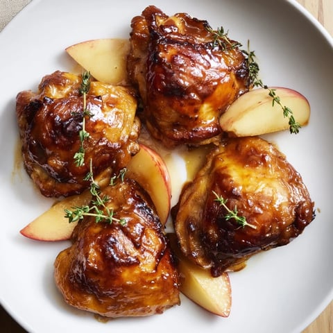 Golden, caramelized Sticky Maple Apple Chicken, the juicy main dish served with apple slices.