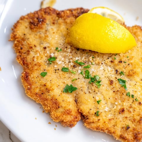 Golden, crispy German Schnitzel cutlets, ready to eat with a squeeze of fresh lemon and parsley.