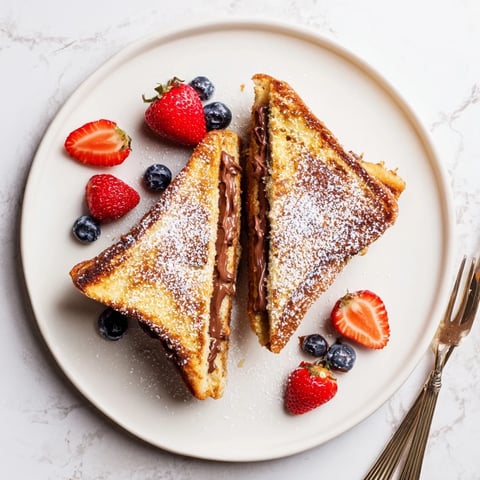 Golden-brown Nutella Brioche French Toast dusted with powdered sugar and served with fresh berries.