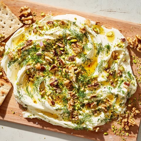 Softened butter swirled on a wooden board with chopped nuts, fresh herbs, a honey drizzle, and flaky salt, ready to serve with baguette slices.  