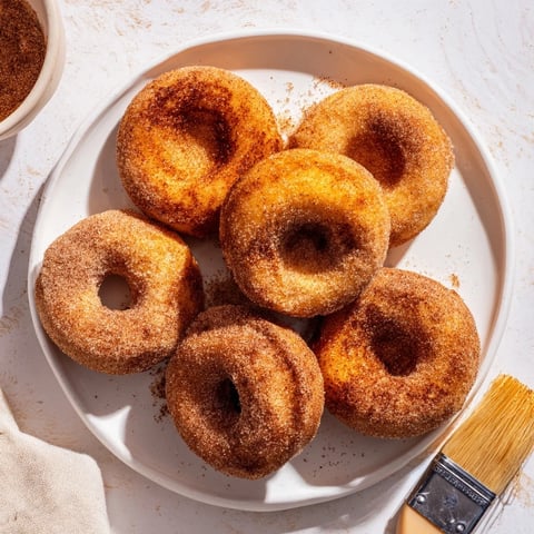 Golden-brown Air Fryer Cinnamon Sugar Donuts, fresh from the basket and coated in sparkling cinnamon sugar.