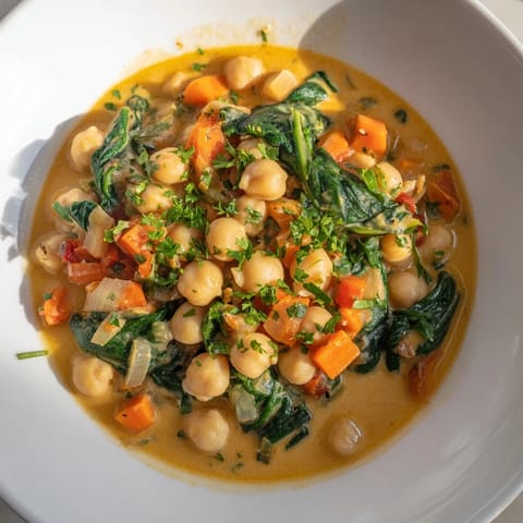 Close up shows vibrant spinach in creamy garbanzos, garnished with fresh parsley.