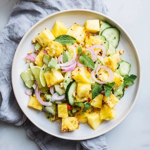 Bright, tropical Viral Pineapple & Cucumber Salad with a zesty lime dressing and fresh cilantro, visually appealing.