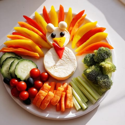 Colorful turkey shaped appetizer, showcasing red pepper "wattle" over a wheel of soft cheese.