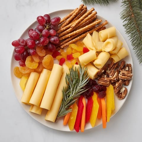 This inviting, edible Flickering Fire Log Snack Board features cheeses, grapes, and sweet-and-savory elements.