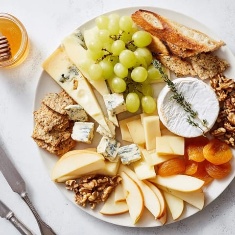 Delicious Honeycomb, honey, and cheese board features an array of cheeses with fresh fruit and nuts.