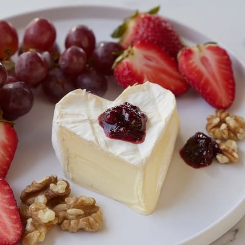 A close-up of a perfectly arranged Sweetheart Brie and Jam Board, showcasing creamy Brie cheese.