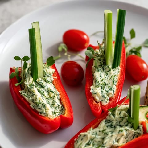 Blooming Tulip Veggie Cups filled with creamy herb cheese showcase beautiful colorful bell pepper petals.