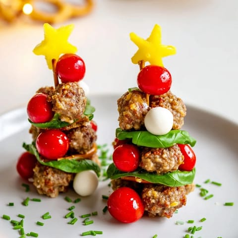 Delicious mini Meatball Christmas Trees adorned with mozzarella and basil, ready to serve and enjoy.