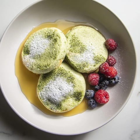 A stack of airy Egg White Gingerbread Matcha Soufflé Pancakes, dusted with powdered sugar, perfect for brunch enjoyment.